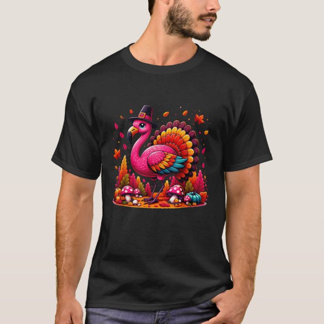 Flamingo Turkey Cute Flamingo Turkey Fall Leaf Tha T-Shirt (Front)