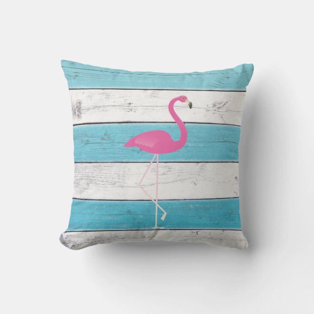 Flamingo Turquoise & White Striped Outdoor Pillow (Front)