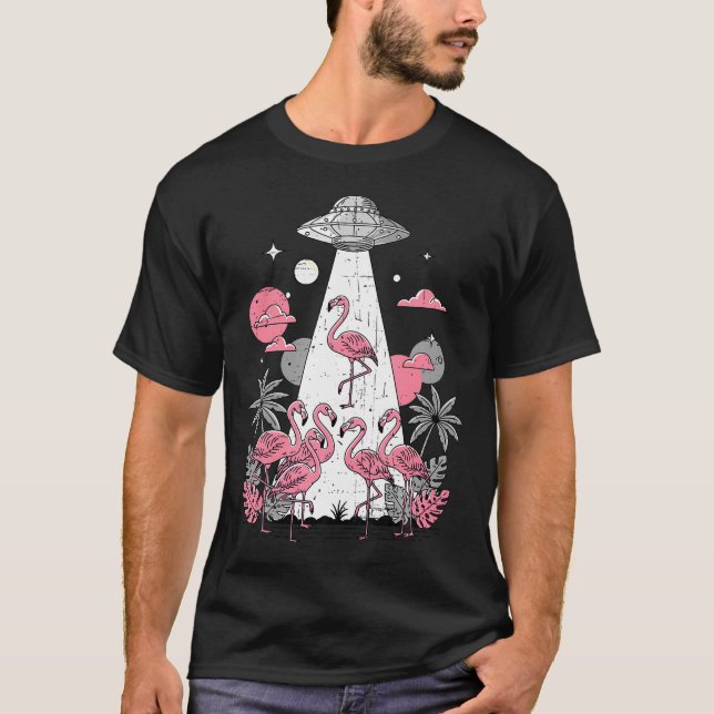 Flamingo Ufo Alien Abduction Illustration Sci-Fi A T-Shirt (Front)