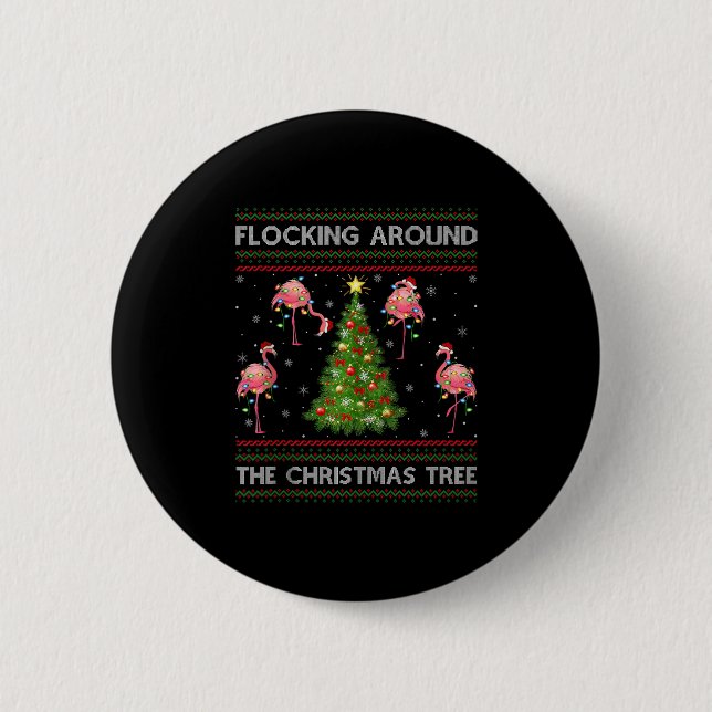 Flamingo Ugly Christmas Sweater Style Flamingo Bir Button (Front)