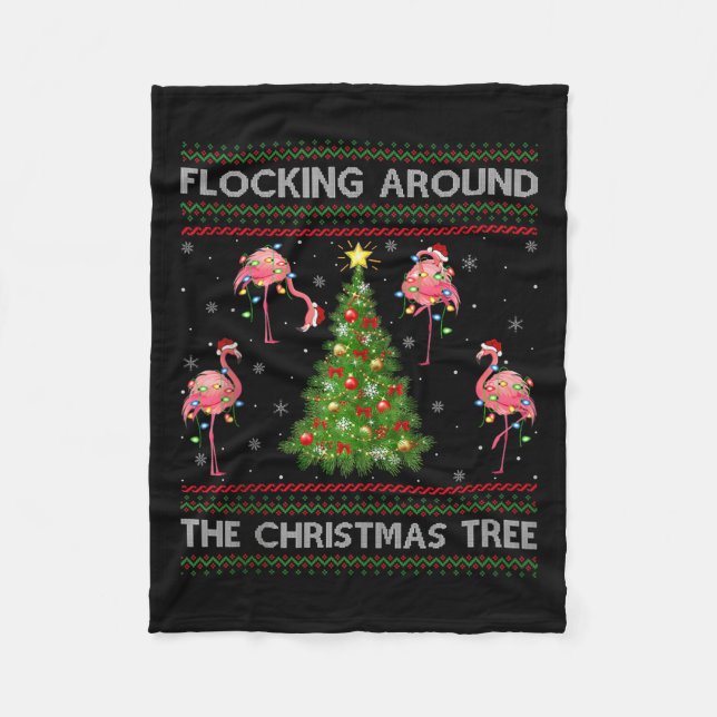 Flamingo Ugly Christmas Sweater Style Flamingo Bir Fleece Blanket (Front)