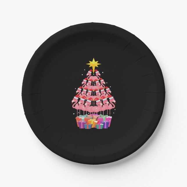 Flamingo Ugly Christmas Tree Funny Gift Paper Plates (Front)