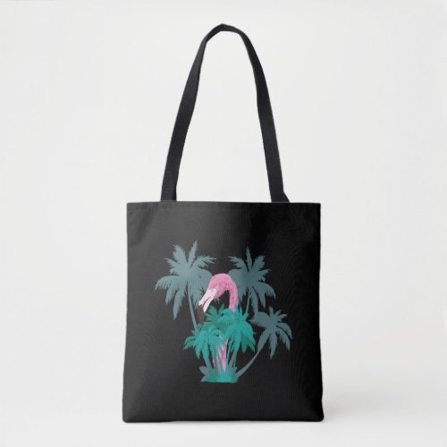 Flamingo under palm trees tote bag