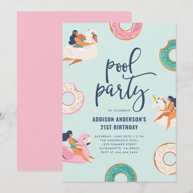 Flamingo & Unicorn Pool Party | Summer Birthday Invitation (Front/Back)