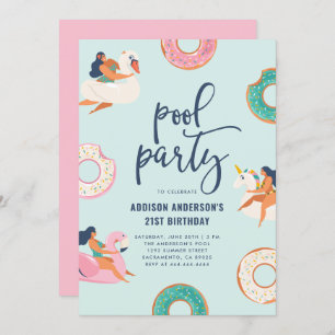 Flamingo & Unicorn Pool Party Summer Birthday Invitation
