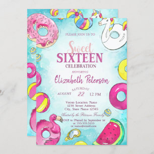 Flamingo Unicorn Summer Pool Sweet 16 Party Invitation