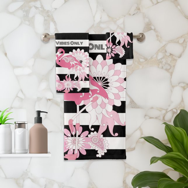 Flamingo Vibes Only Black & White Stripe Flamingo Bath Towel Set (Creator Uploaded)