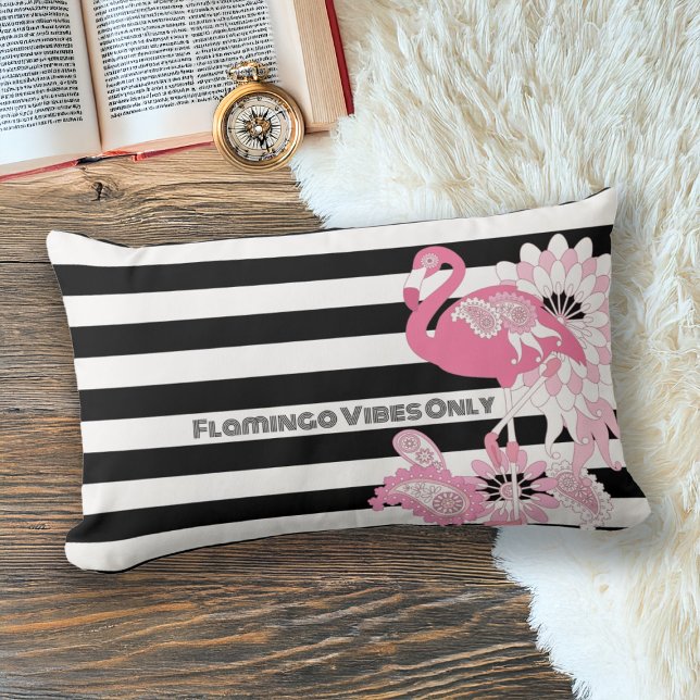 Flamingo Vibes Only Black & White Stripe Flamingo Lumbar Pillow (Creator Uploaded)