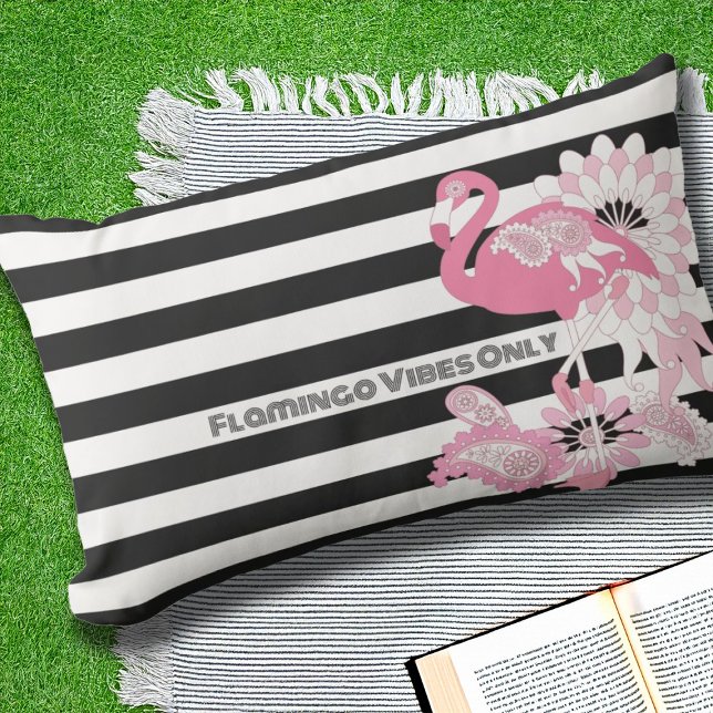 Flamingo Vibes Only - Black White Stripe Flamingo Lumbar Pillow (Creator Uploaded)