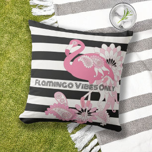 Flamingo Vibes Only Black & White Stripe Flamingo Outdoor Pillow