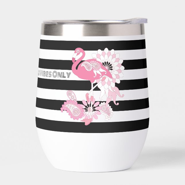 Flamingo Vibes Only Black & White Stripe Flamingo Thermal Wine Tumbler (Left)