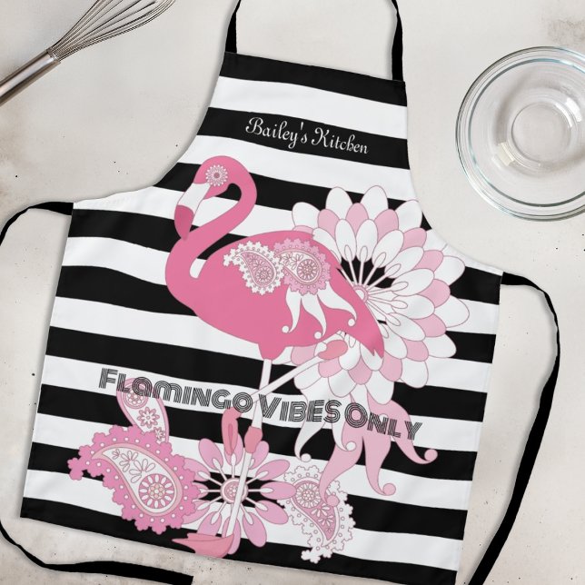 Flamingo Vibes Only Black & White Stripes Flamingo Apron (Creator Uploaded)