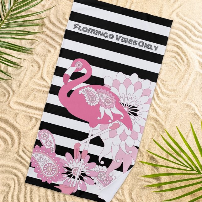 Flamingo Vibes Only Black & White Stripes Flamingo Beach Towel (Creator Uploaded)