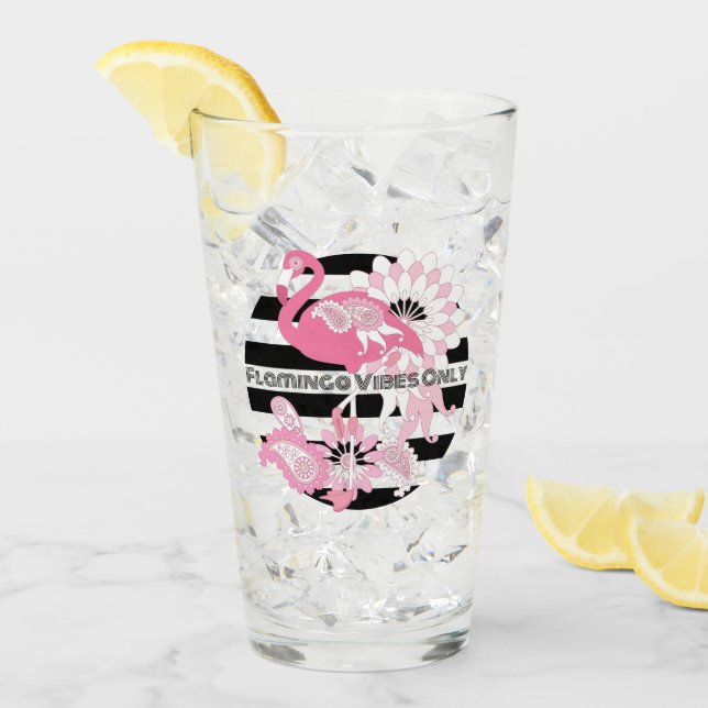 Flamingo Vibes Only Black & White Stripes Flamingo Glass (Front Ice)