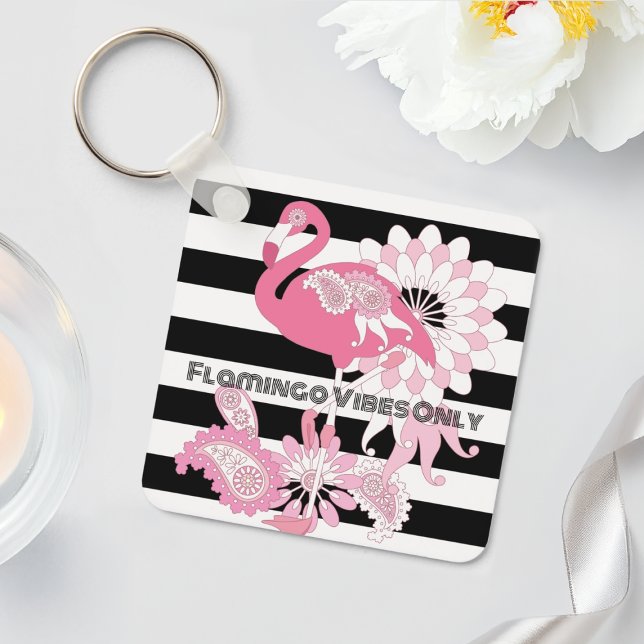 Flamingo Vibes Only Black & White Stripes Flamingo Keychain (Creator Uploaded)