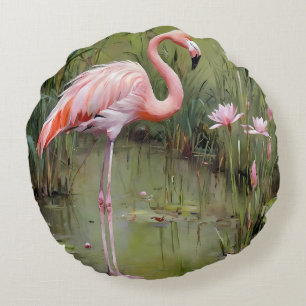 Flamingo Water Lilies And Reeds Oil Painting, Round Pillow
