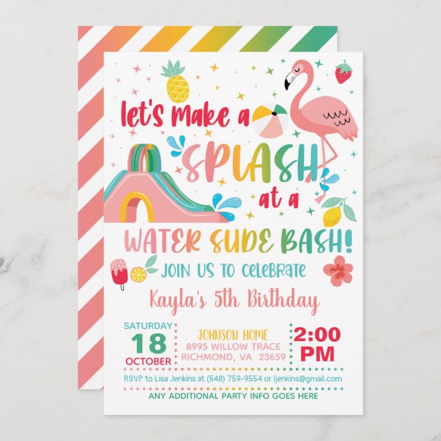 Flamingo Water Slide Birthday Invitation (Front/Back)