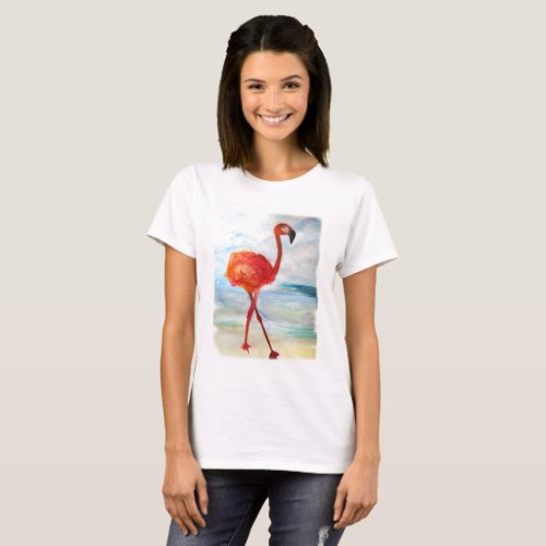 Flamingo Watercolor Art Womens Basic T_Shirt