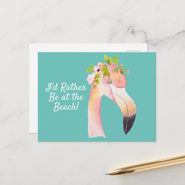 Flamingo watercolor - at the beach postcard (Front/Back In Situ)