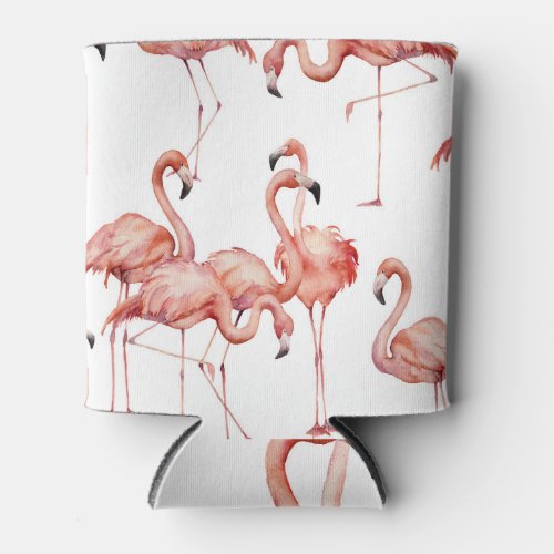 Flamingo Watercolor Exotic Bird Seamless Can Cooler