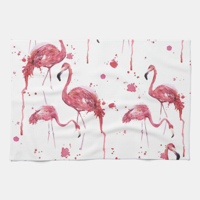 Flamingo watercolor pattern, vibrant design. kitchen towel (Horizontal)