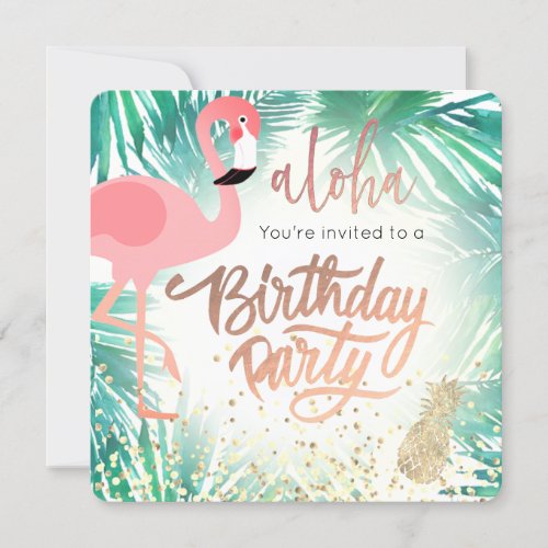 flamingo watercolor tropical birthday party invitation