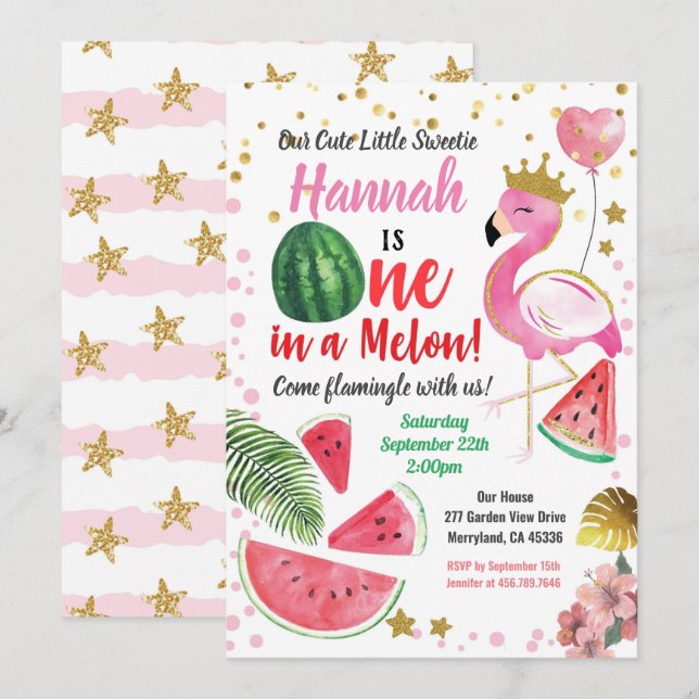 Flamingo Watermelon Girl Birthday Party Invitation (Front/Back)