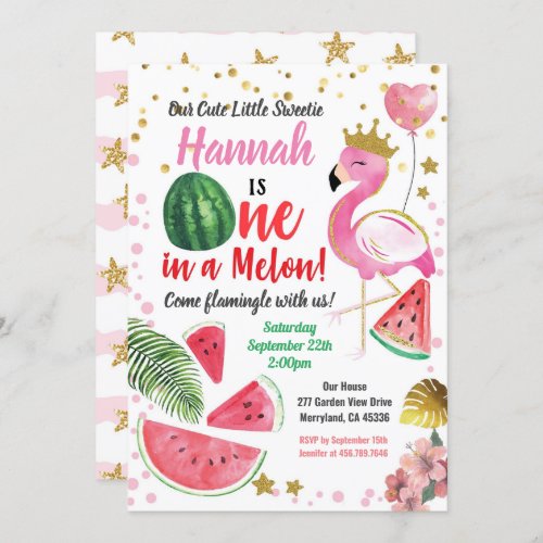 Flamingo Watermelon Girl Birthday Party Invitation