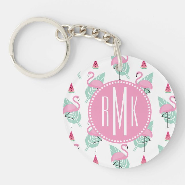 Flamingo & Watermelon Pastel Pattern Keychain (Front)