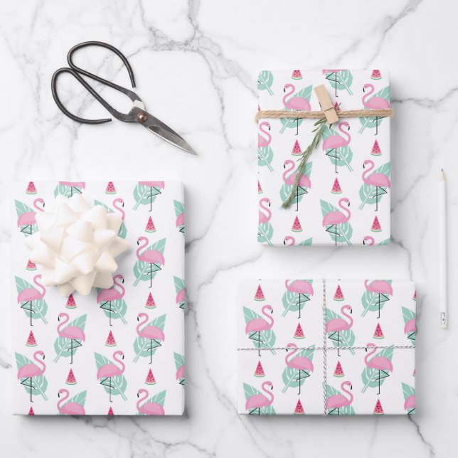 Flamingo & Watermelon Pastel Pattern Wrapping Paper Sheets (Front)