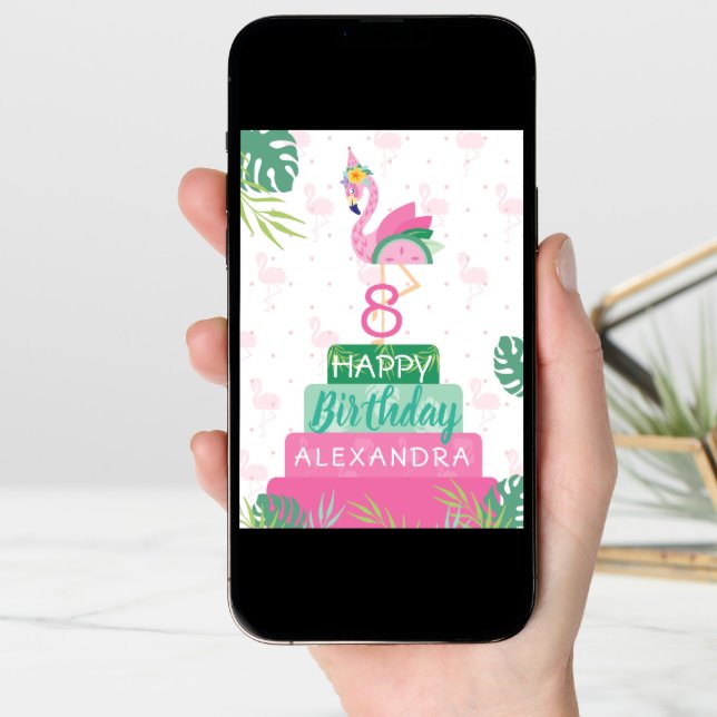 Flamingo & Watermelon Tropical Birthday Cake Card (Front Digital)