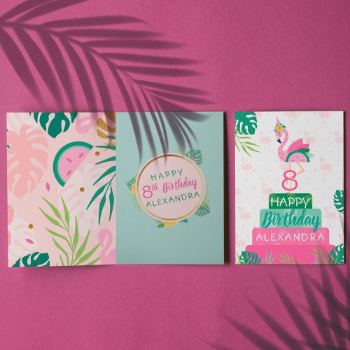 Flamingo  Watermelon Tropical Birthday Cake Card