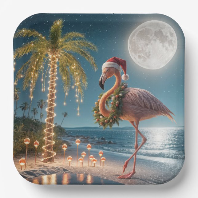 Flamingo Wearing a Christmas Wreath Paper Plates (Front)
