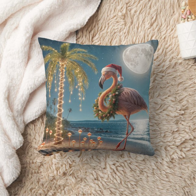 Flamingo Wearing a Christmas Wreath Throw Pillow (Blanket)