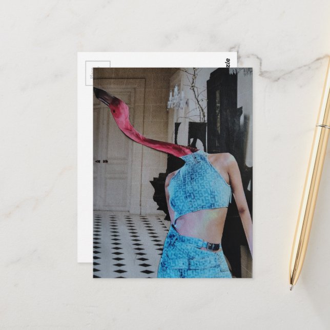 Flamingo Wearing Blue in a room surreal collage Postcard (Front/Back In Situ)