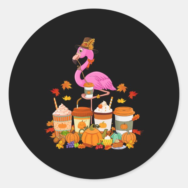 Flamingo Wearing Hat Fall Coffee Cups Lover  Classic Round Sticker (Front)