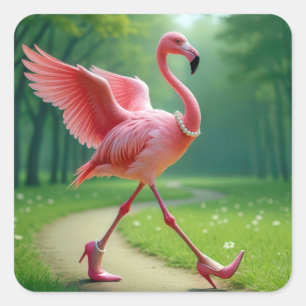 Flamingo Wearing High Heels and Pearls Square Sticker