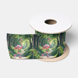 Flamingo Wearing Pink Sneakers and Headphones Satin Ribbon