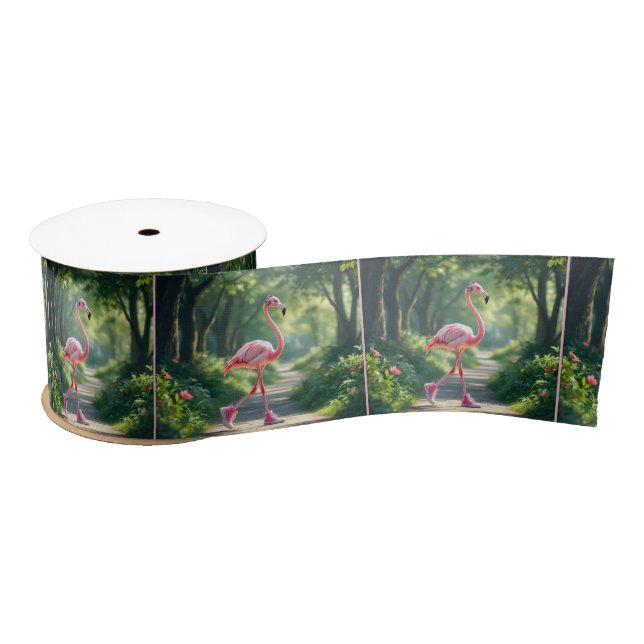 Flamingo Wearing Pink Sneakers and Headphones Satin Ribbon (Spool)