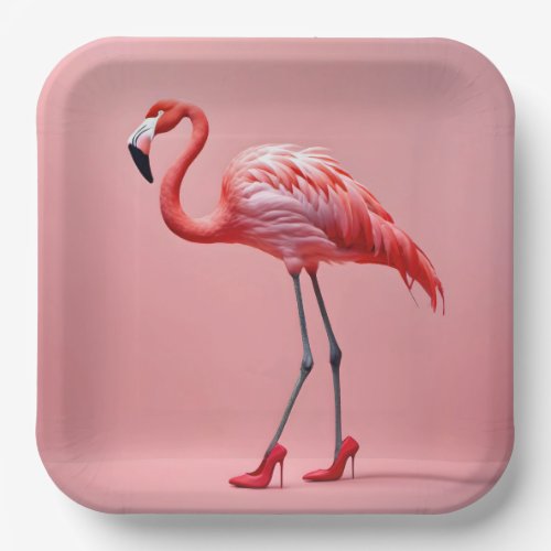 Flamingo Wearing Red High Heels Paper Plates
