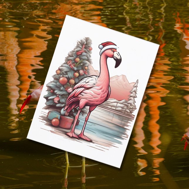 Flamingo wearing santa hat beside Christmas tree Postcard (Creator Uploaded)