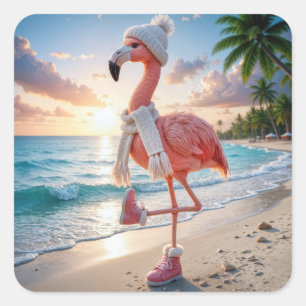 Flamingo Wearing Winter Boots and Scarf Square Sticker