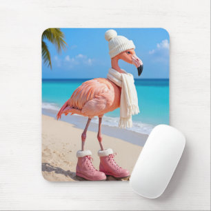 Flamingo Wearing Winter Scarf and Boots Mouse Pad