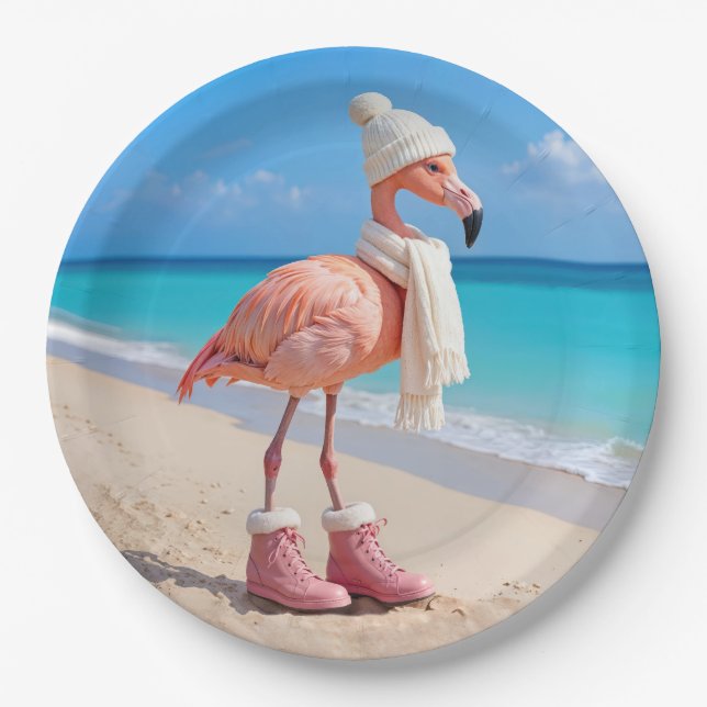 Flamingo Wearing Winter Scarf and Hat Paper Plates (Front)