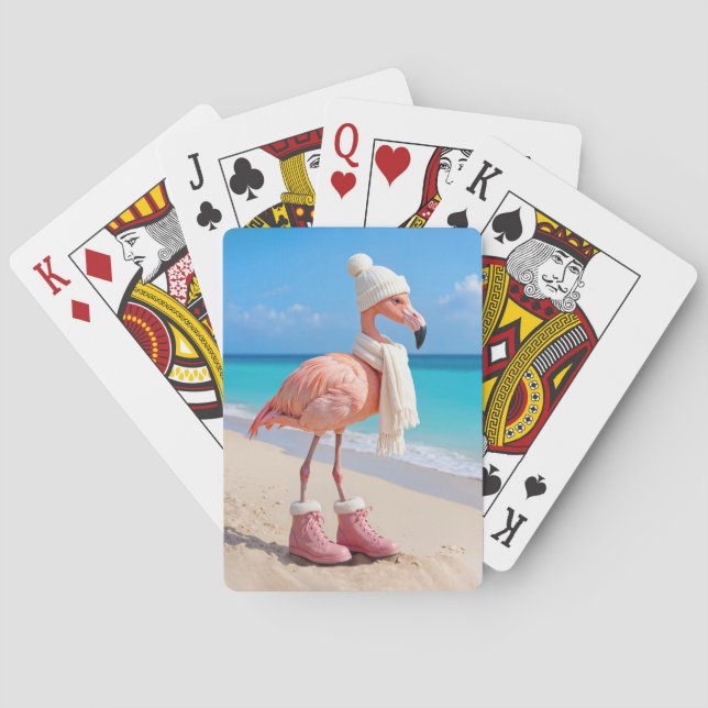 Flamingo Wearing Winter Scarf and Hat Poker Cards (Back)