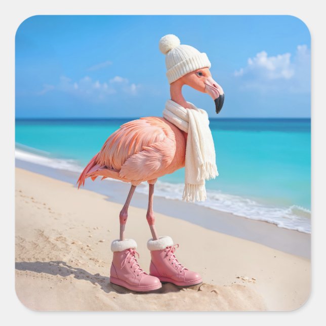 Flamingo Wearing Winter Scarf and Hat Square Sticker (Front)