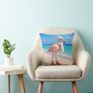 Flamingo Wearing Winter Scarf and Hat Throw Pillow