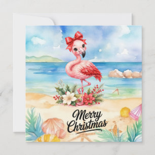 Flamingo wears Santa Hat for Christmas Card