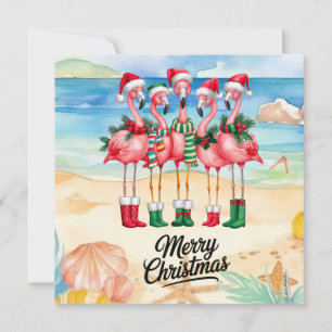 Flamingo wears Santa Hat with Surf Board Christmas Card