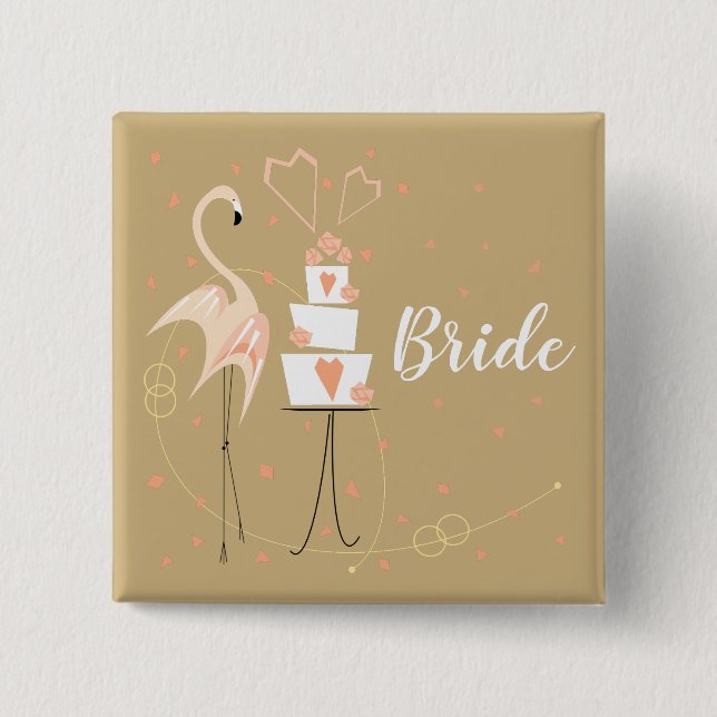 Flamingo Wedding Bride square Button (Front)